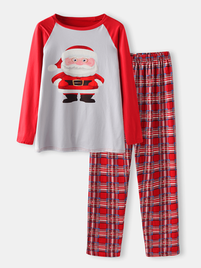 Mens Cartoon Santa Claus Print Raglan Sleeve Loose Plaid Pants Home Lounge Pajamas Set - MRSLM