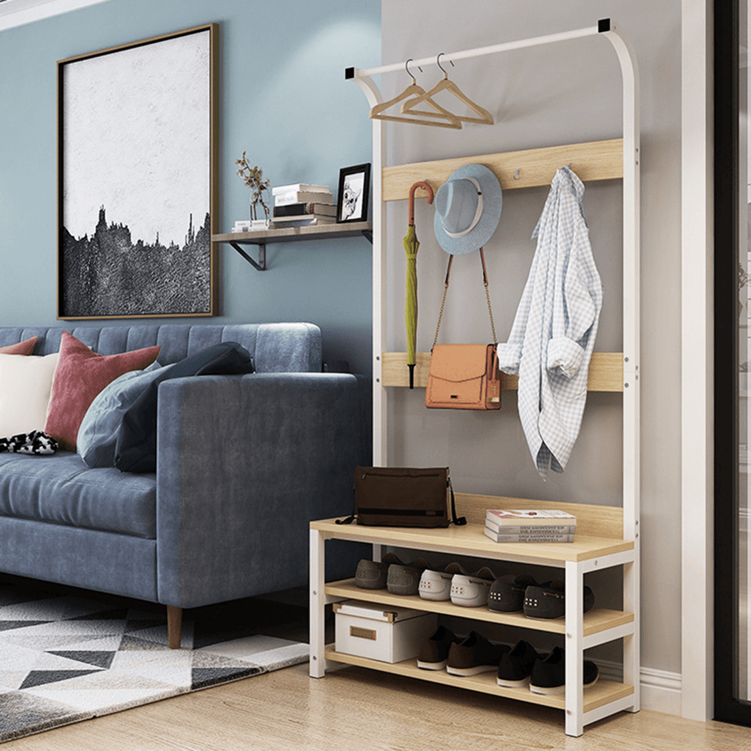 Coat Hangers Standing Coat Rack Solid Wood Iron Shoe Rack Entryway Coat Stand Clothes Rack Bedroom Living Room Clothes Hat Scarf Stand Multifunctional Storage Rack - MRSLM