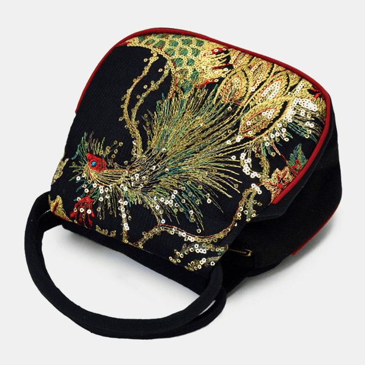 Women Canvas Ethnic Style Embroidery Peacock Pattern Casual Elegant Mini Ladies Handbag - MRSLM