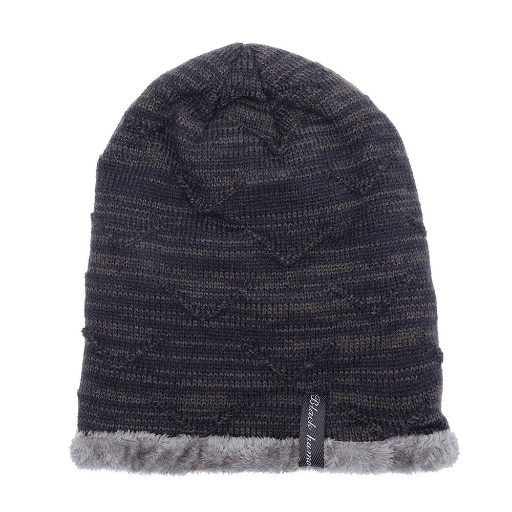 Mens plus Velvet Knitted Stripe Beanie Hats Outdoor Winter Warm Skullcap Beanie - MRSLM