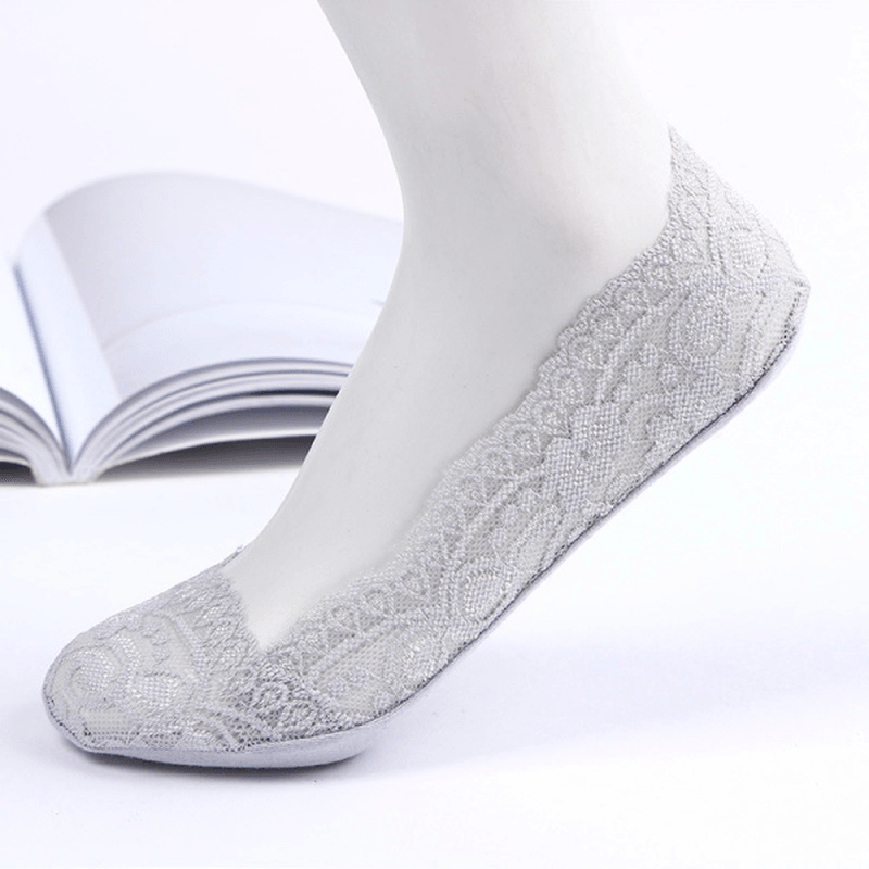 Women Breathable Lace Antiskid Silicone Invisible Boat Socks Low Cut Shallow Socks - MRSLM