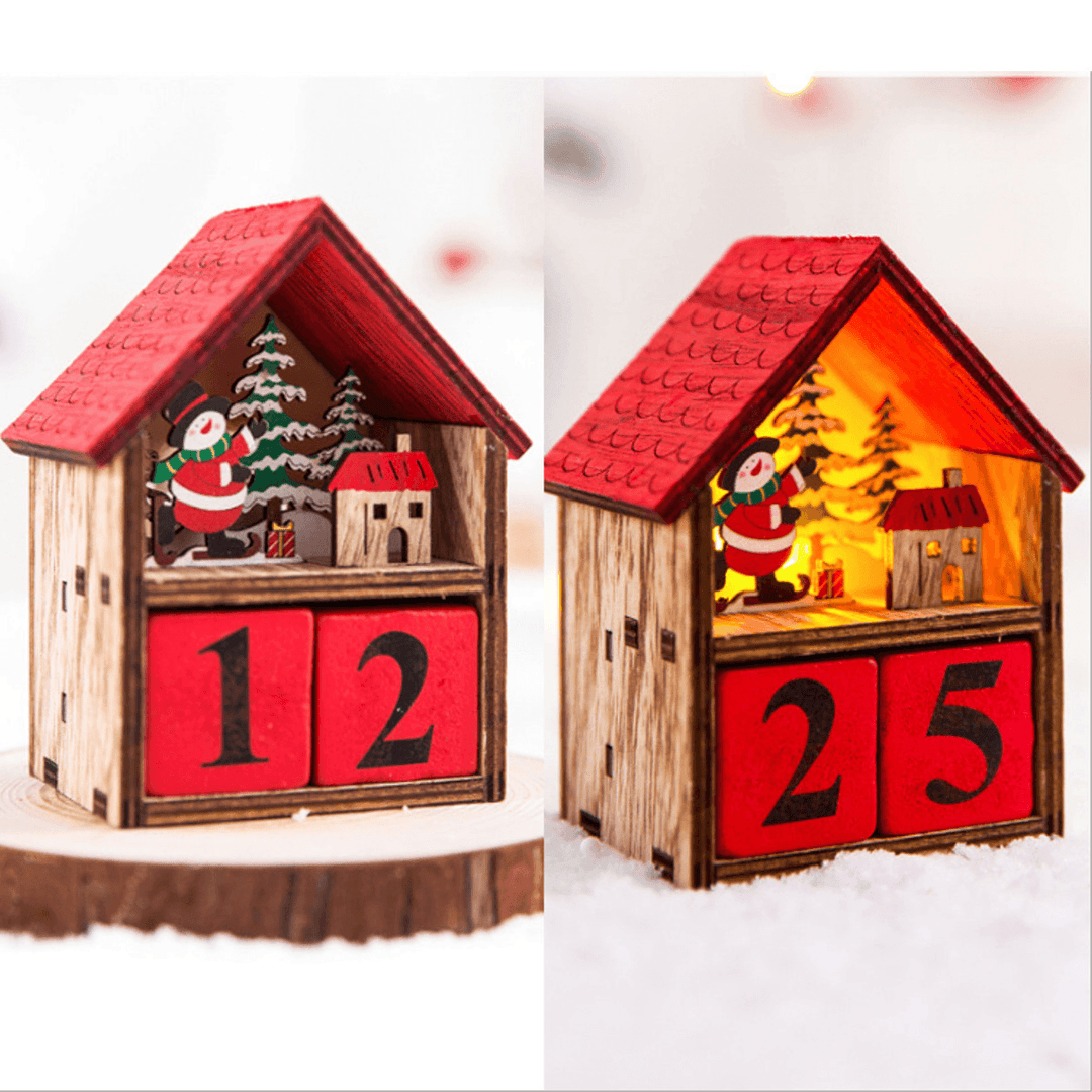 Christmas Advent Calendar LED Light up Wood House Santa Claus Snowman Home Decoration - MRSLM