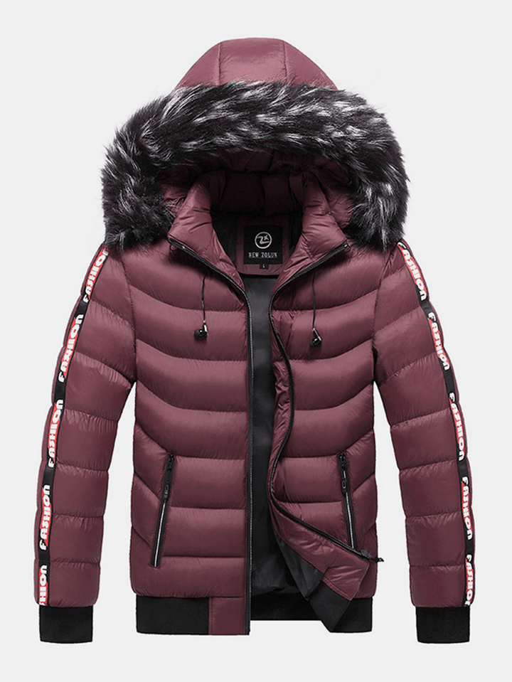 Men Letter Webbing Thick Removable Fur Hooded Zipper Pocket Solid Color down Jacket - MRSLM