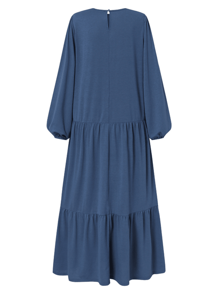 Women Solid Color Puff Sleeve Loose Layered Tiered Casual Maxi Dress - MRSLM