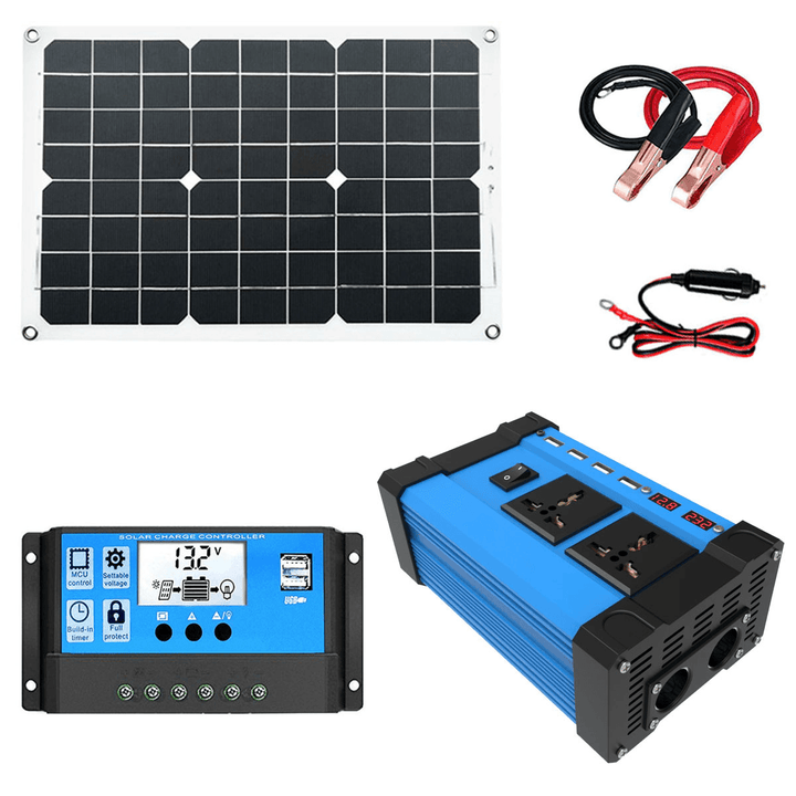 Solar Power System Set 18W Solar Panel 300W Power Inverter 30A Controller Kit Solar Panel Battery Charger - MRSLM