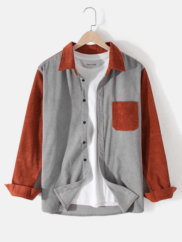 Mens Patchwork Corduroy Color Block Lapel Long Sleeve Shirts - MRSLM