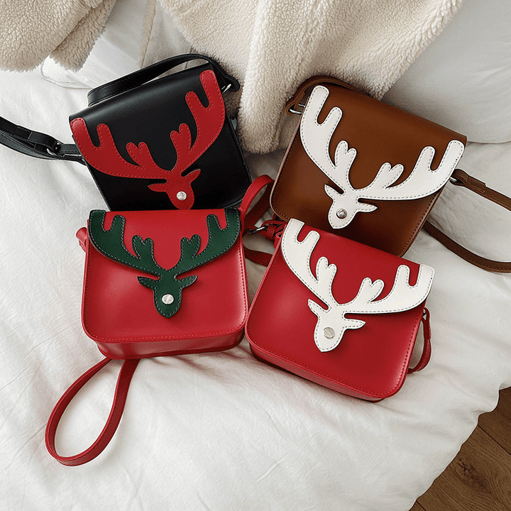 Women Faux Leather Contrast Color Christmas Elk Pattern Small Square Bag Crossbody Bag Shoulder Bag - MRSLM