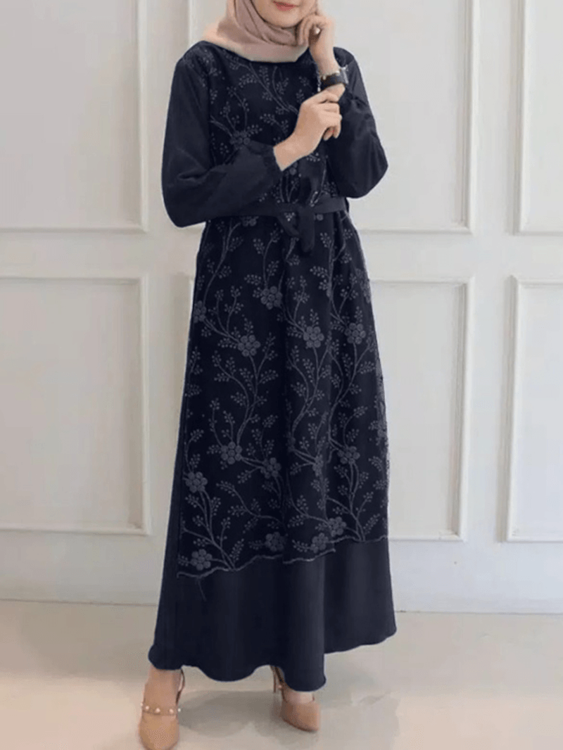 Women Flowers Embroidery Stitching Lace up Casual Elastic Cuffs Maxi Dresses - MRSLM