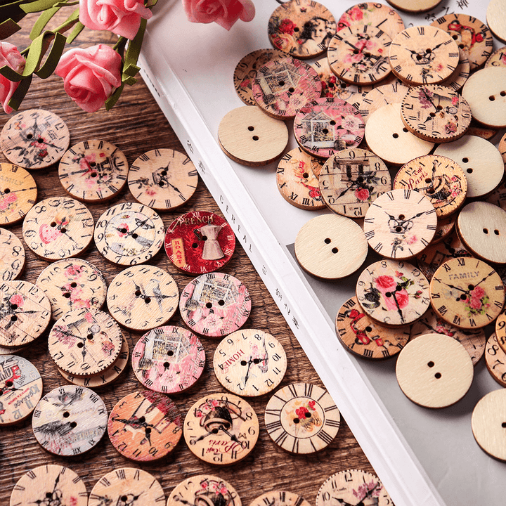 50PCS 25MM 2 Holes Decorative Clock Pattern Log Painted round Shape Fasteners Buttons - MRSLM