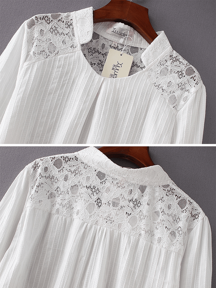 Lace Patchwork Solid Color Hollow Long Sleeve Vintage Blouse - MRSLM