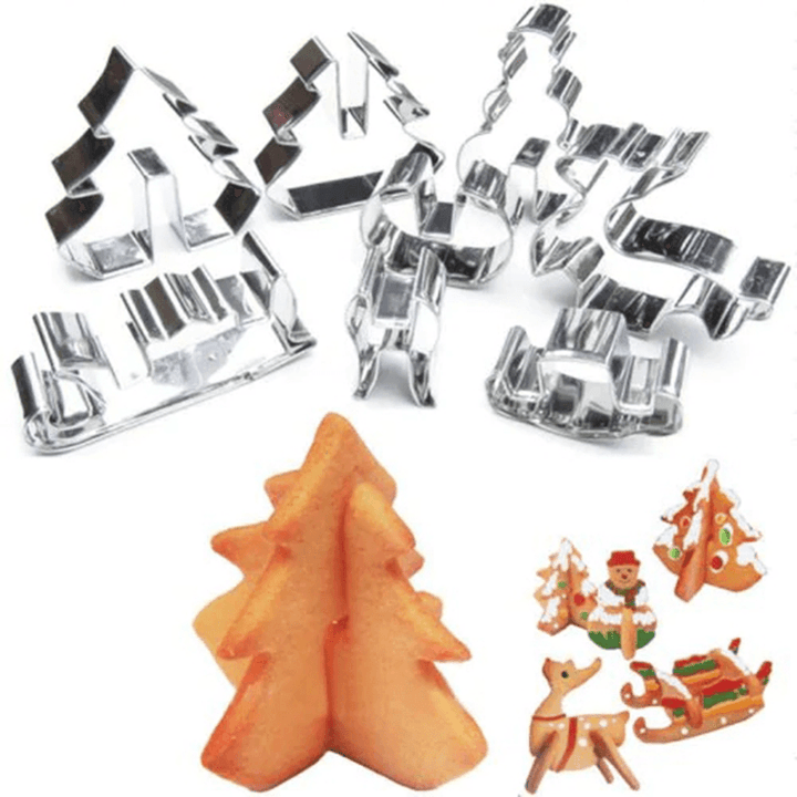 8PCS Hoarding 3D Christmas Scene Cookie Cutter Mold Set Stainless Steel Square Dan Cake Mould Silver - MRSLM