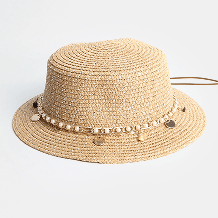 Women Sunscreen Summer Outdoor Casual Pearl Decoration Sun Hat Straw Hat - MRSLM