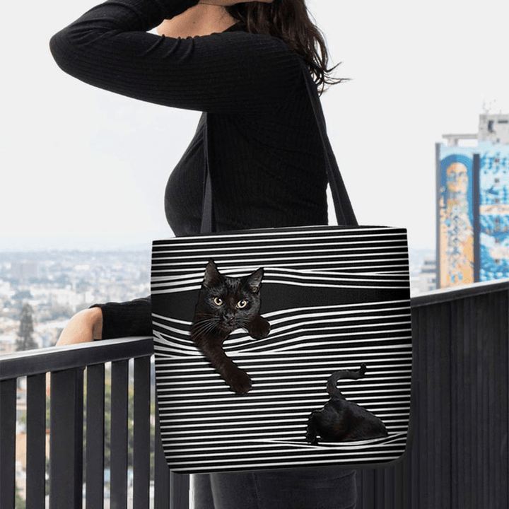 Women Felt Cute 3D Three-Dimensional Black Cat Stripes Pattern Shoulder Bag Handbag Tote - MRSLM