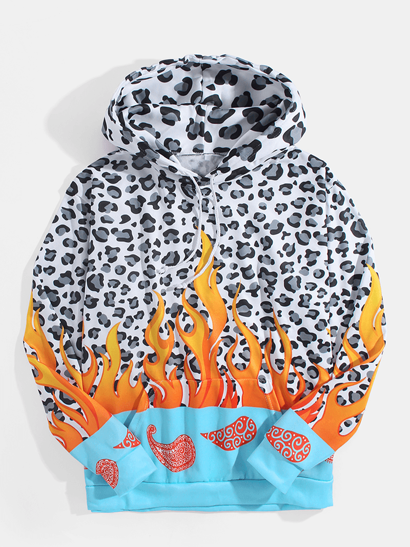 Mens Leopard Flame Print Kangaroo Pocket Design Drawstring Hoodies - MRSLM