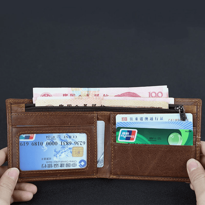 Men Genuine Leather Minimalist Wallet Retro Multi-Card Slot Card Holder Coin Purse Money Clip Cowhide Wallet - MRSLM