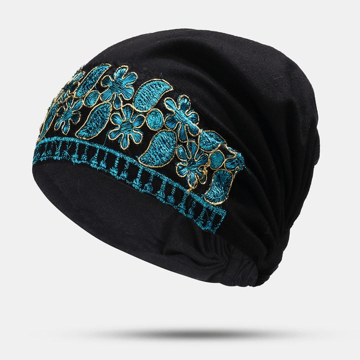 Women Canvas Ethnic Embroidery Flower Printing Vintage Beanie Hat Turban Caps - MRSLM