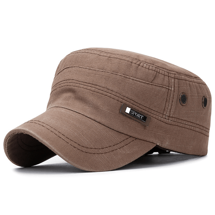 Mens Leather Standard Copper Mesh Washed Cotton Flat Hat Outdoor Sunscreen Military Army Fade Peaked Dad Cap - MRSLM