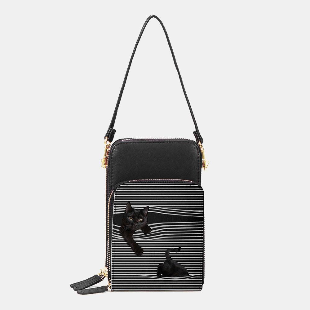 Women Faux Leather Casual Cute Black Cat and Stripes Pattern Adjustable Shoulder Bag Crossbody Bag - MRSLM