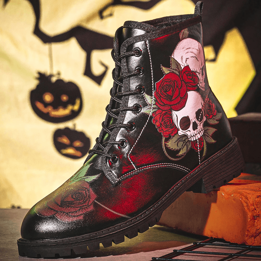 Men Leather Halloween Retro Floral Soft Sole Lace up Skull Printing Comfy Casual Boots - MRSLM