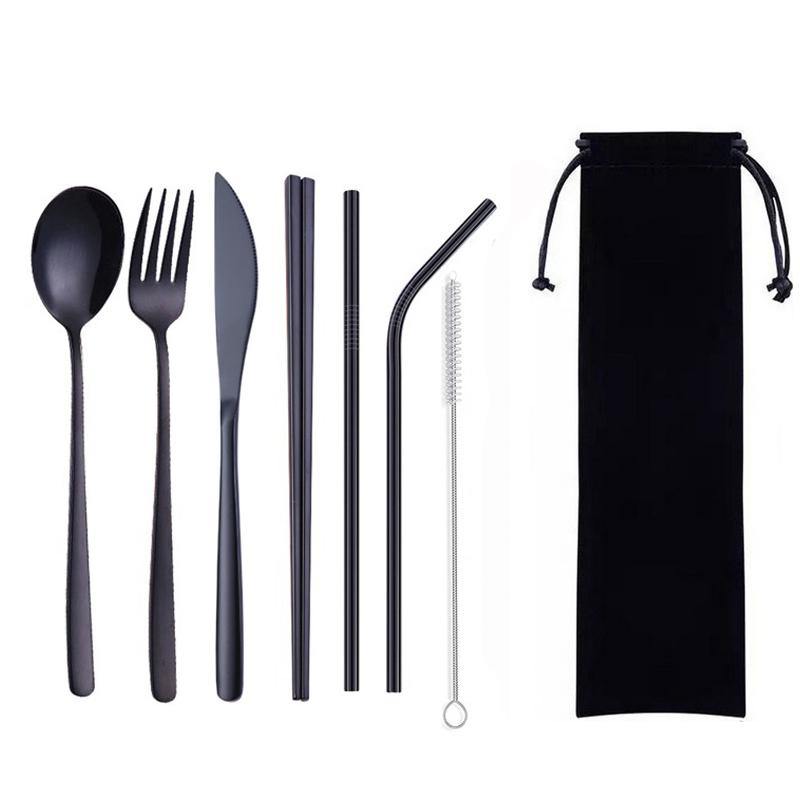 8Pcs Titanium-Plated 304 Stainless Steel Cutlery Set Knife Fork Spoon Chopsticks And Straw Combination - MRSLM