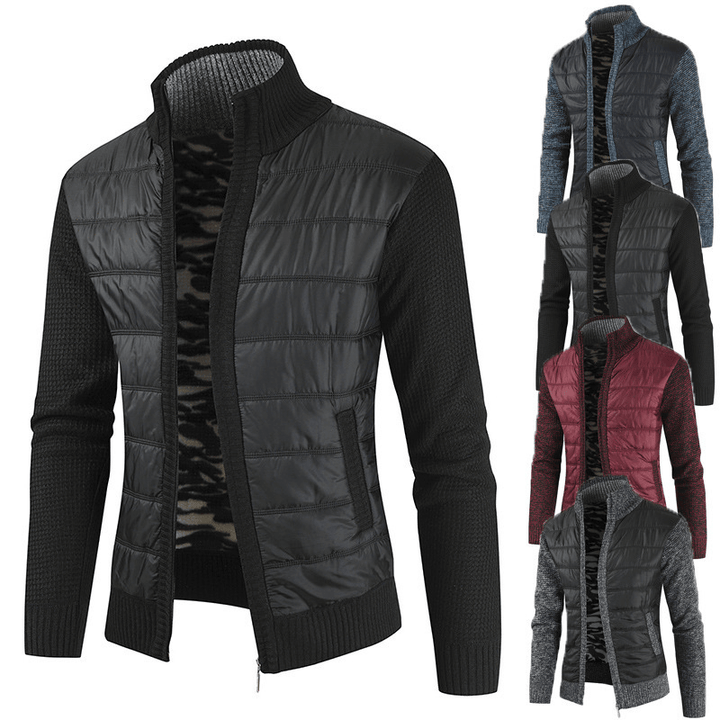 Mens Knitting Patchwork Slant Pocket Zipper Long Sleeve Warm Thick Jacket - MRSLM