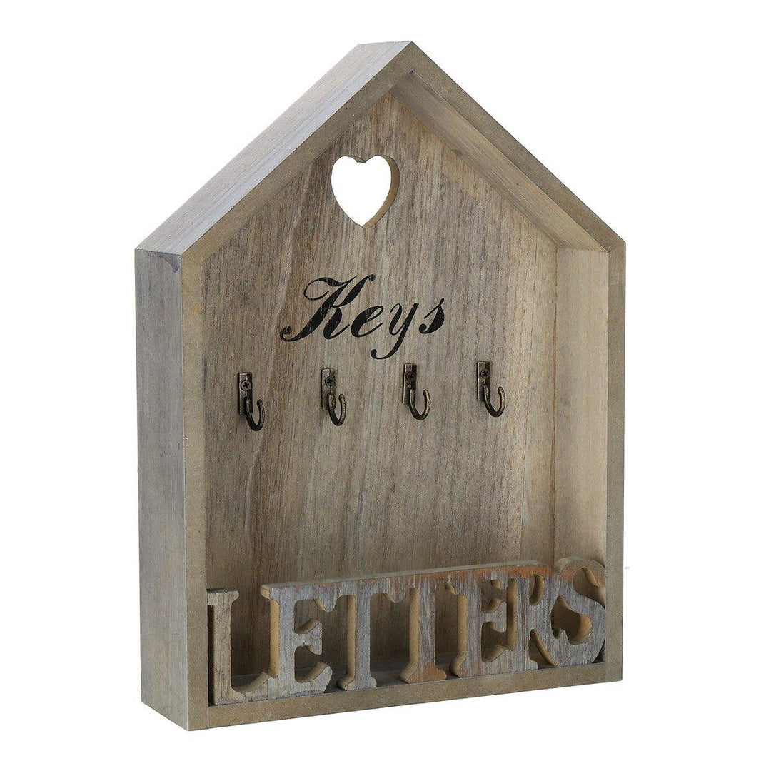 Vintage Wooden Key Holder Storage & Letter Shelf Rack Shabby Chic Wall Mounted 4 Hooks - MRSLM