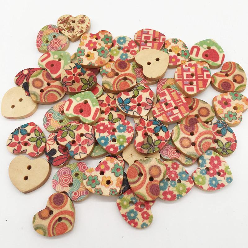 100 PCS Heart Shape Wooden Button Mixed 2 Hole Natural Sewing Children Handmade Clothes Buttons (Heart Shape) - MRSLM