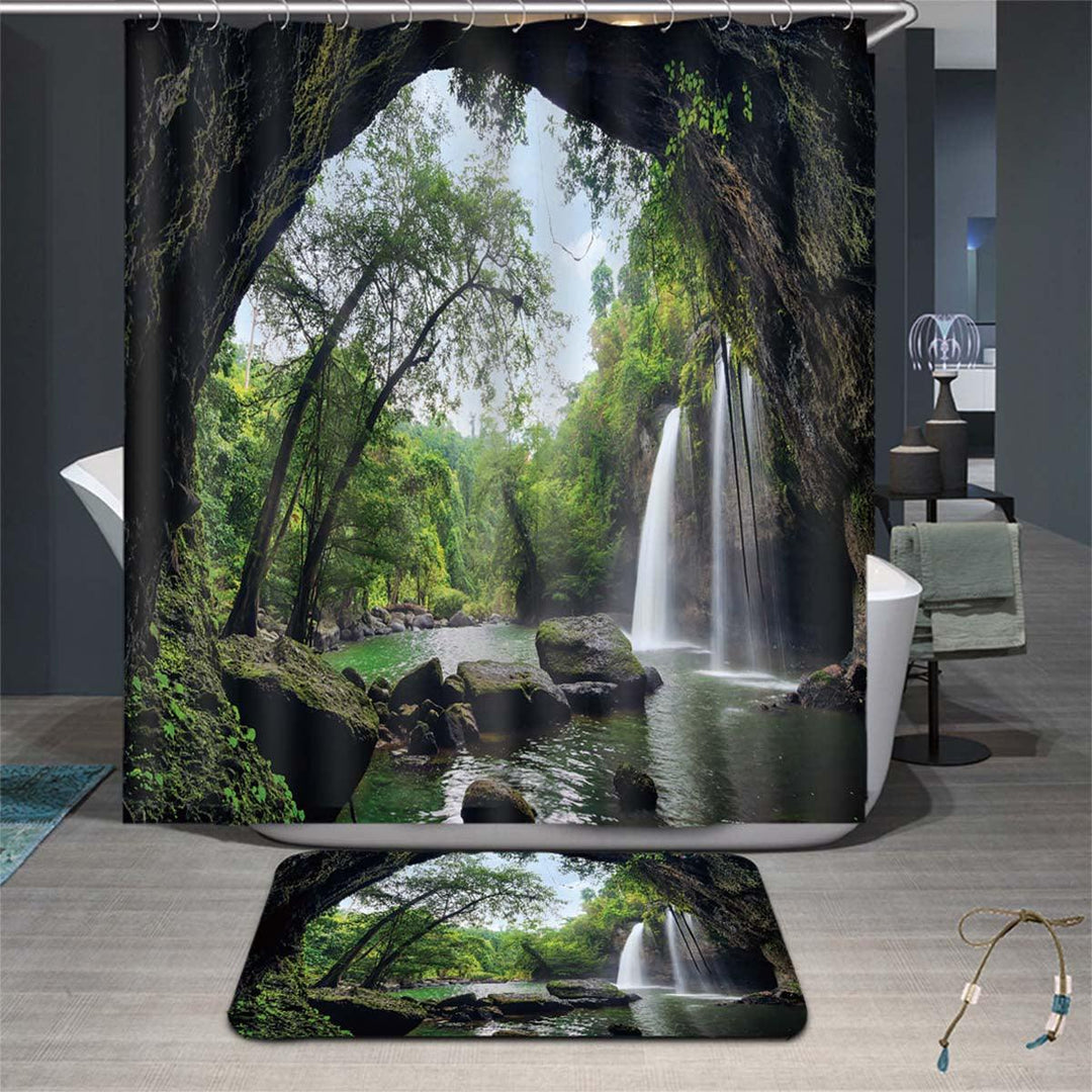 Natural Waterfall Shower Curtain Home Carpet Bathroom Decor Toilet Seat Cover Pedestal Bath Mat Rugs Set - MRSLM