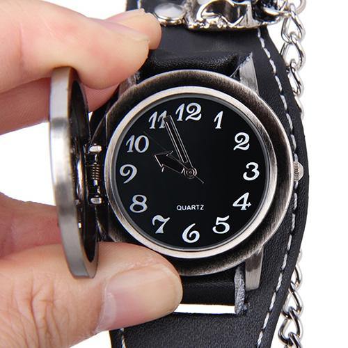 Men Black Punk Rock Chain Skull Faux Leather Bracelet Cuff Gothic Wrist Watch - MRSLM