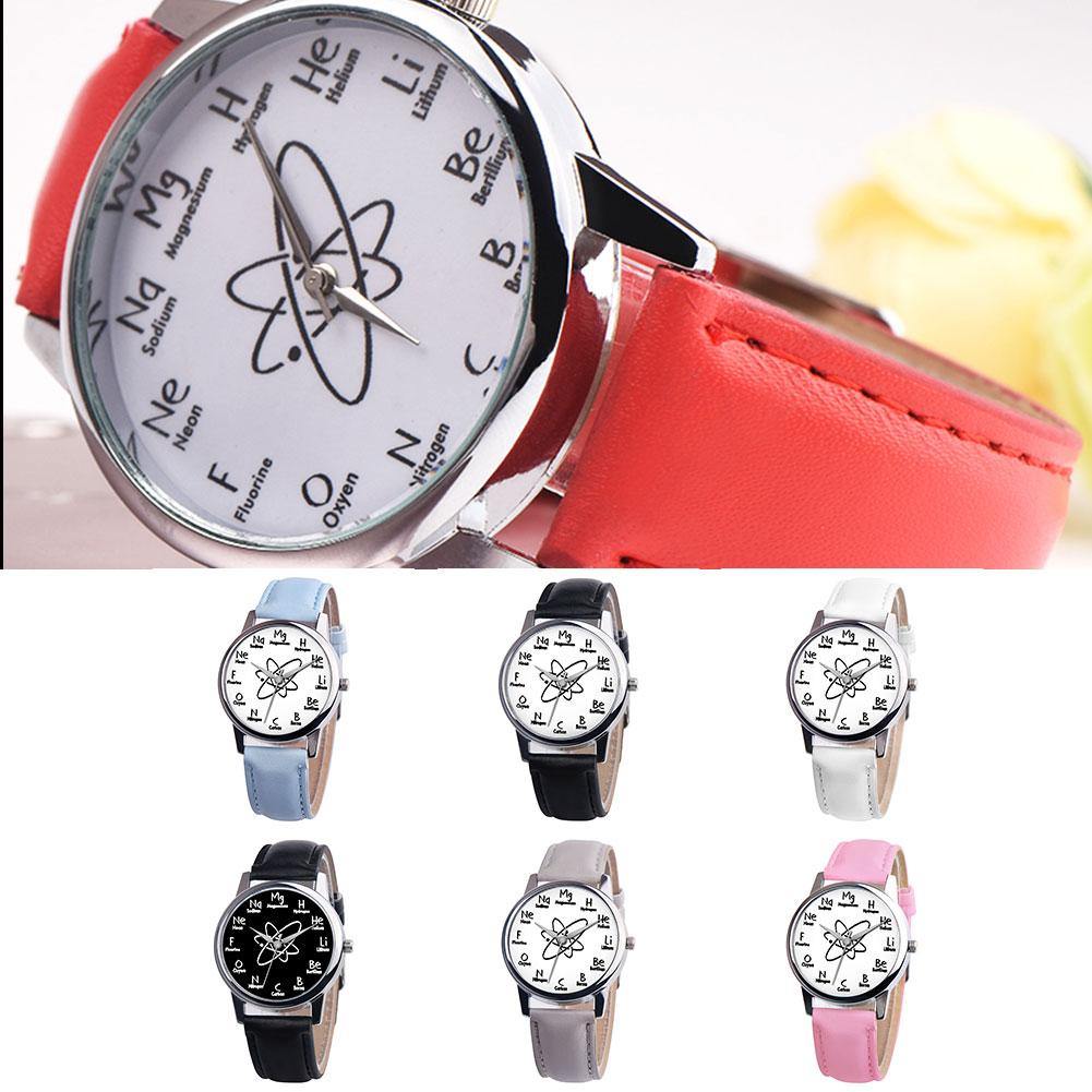 Chemical Symbol Faux Leather Band Unisex Casual Round Quartz Wrist Watch Gift - MRSLM