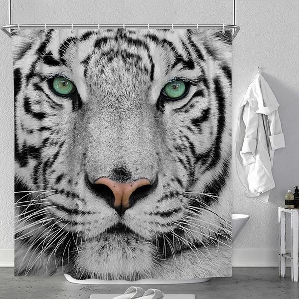 4PCS White Tiger Animal Style Shower Curtain Bathroom Carpet Rug Toilet Cover Mats Decoration - MRSLM