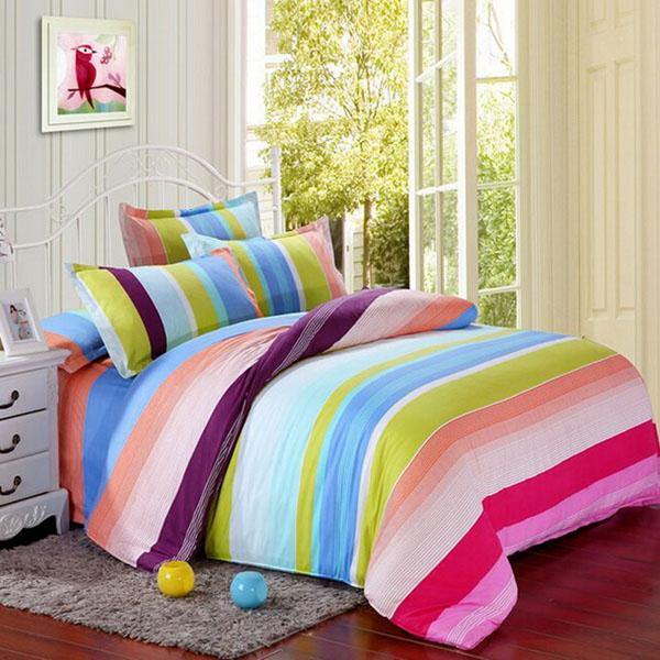 Polyester Colorful Stripes Single Queen King Reactive Bedding Set Bed Sheet Duvet Cover Pillowcase - MRSLM