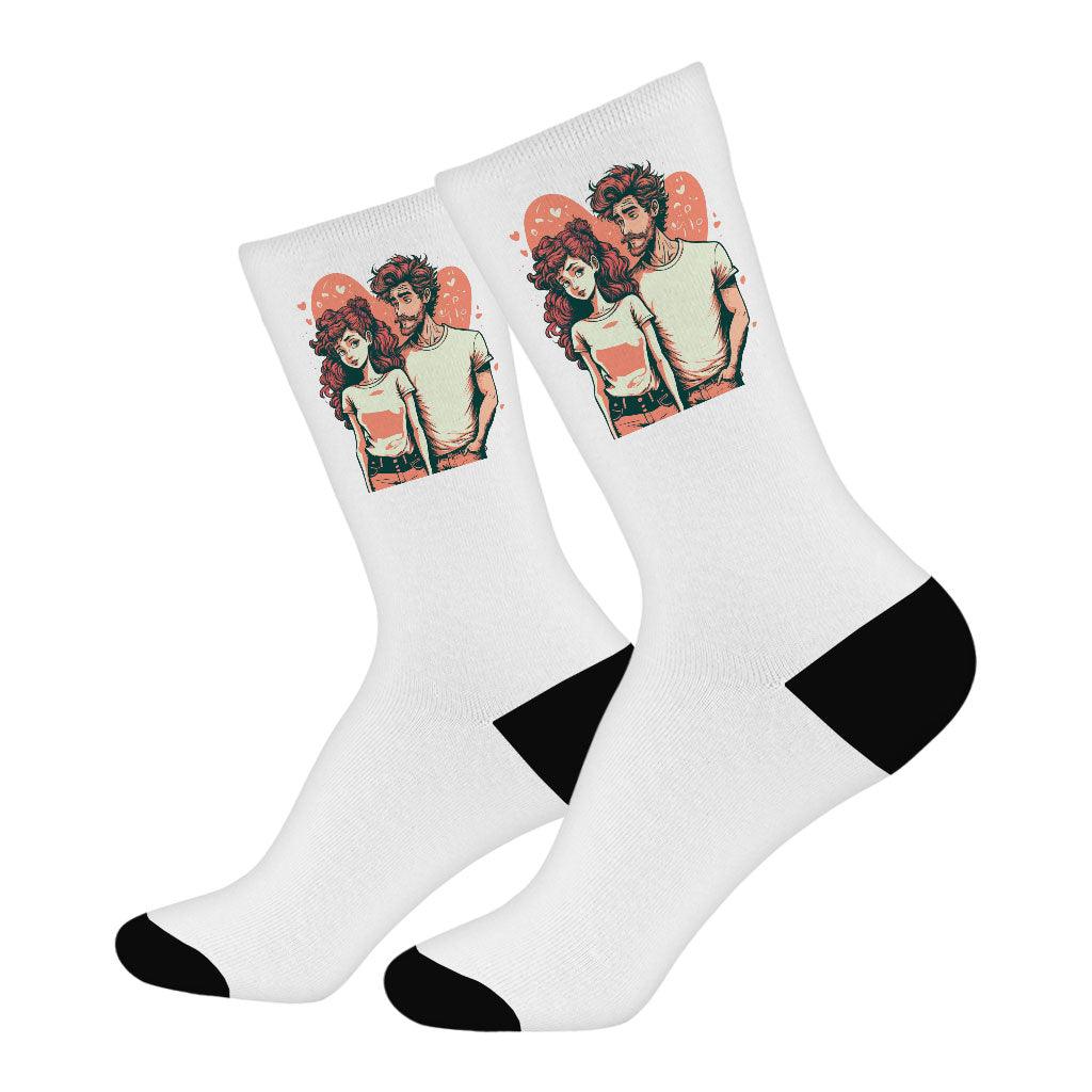 Love Print Socks - Romantic Novelty Socks - Printed Crew Socks - MRSLM