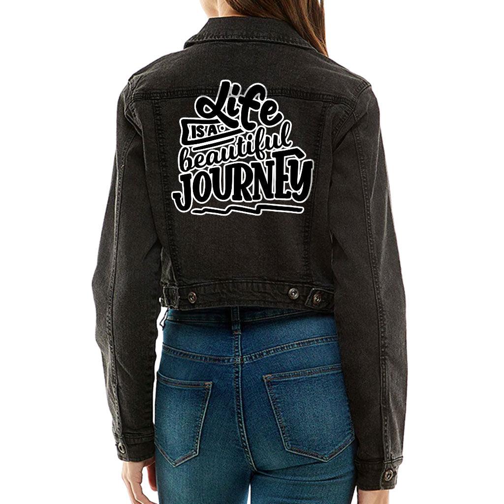 Life is Beautiful Cropped Ladies Denim Jacket - Inspirational Women's Denim Jacket - Cute Denim Jacket - MRSLM