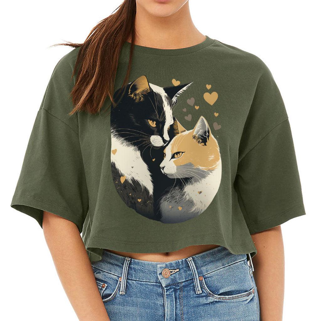 Cat Love Women's Crop Tee Shirt - Couple Style Cropped T-Shirt - Printed Crop Top - MRSLM