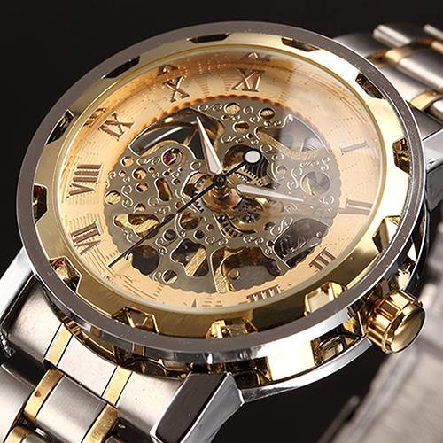 Men Skeleton Roman Numerals Hollow Dial Stainless Steel Band Mechanical Watch - MRSLM