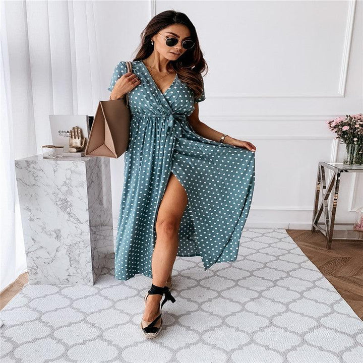 V-neck Bohemian Polka Dot Print Dress Long Skirt - MRSLM