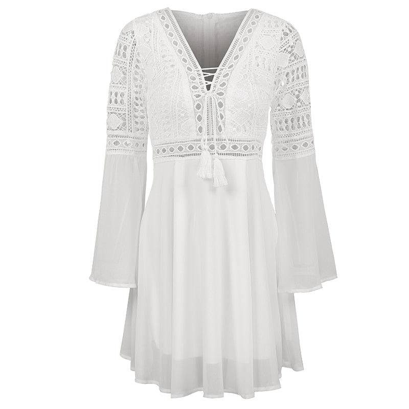 Women's Lace Embroidery Flare Sleeve Mini Dress