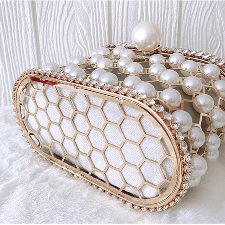 Luxury Pearl Women's Handbag Hollow Out Wedding Clutch Purse Bag Female Rhinestone Metal Cage Basket Shoulder Bag ZD1846 - MRSLM