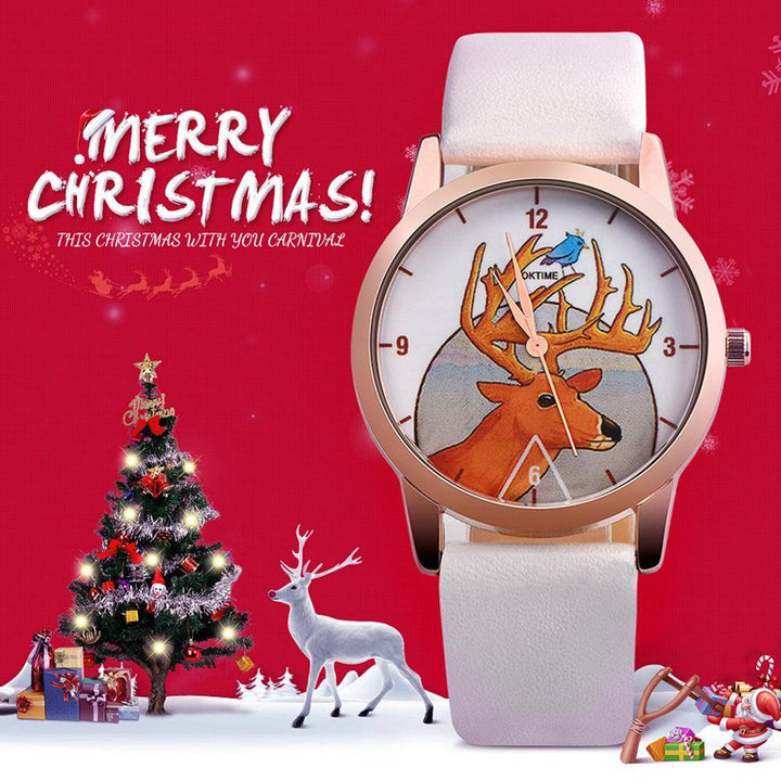 Fashion Christmas Deer Faux Leather Band Quartz Analog Wrist Watch Student Gift - MRSLM