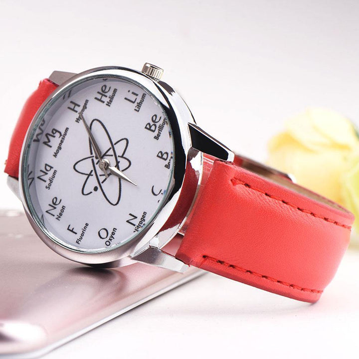 Chemical Symbol Faux Leather Band Unisex Casual Round Quartz Wrist Watch Gift - MRSLM