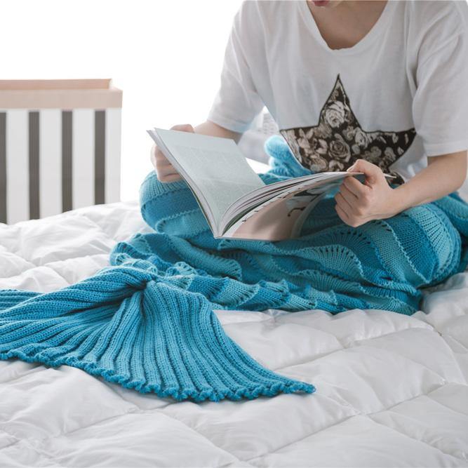 95x195CM Yarn Knitting Mermaid Tail Blanket Wave Stripe Warm Super Soft Sleep Bag Bed Mat - MRSLM