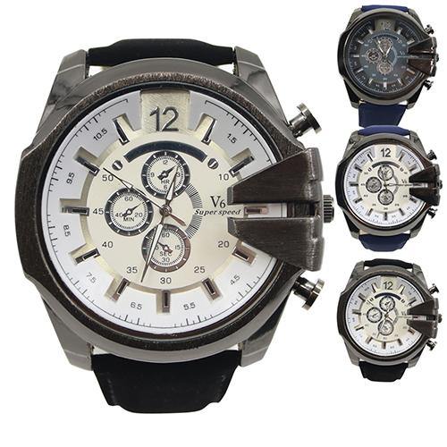 Men Big Dial Faux Leather Band Stainless Steel Analog Quartz Sports Wrist Watch - MRSLM