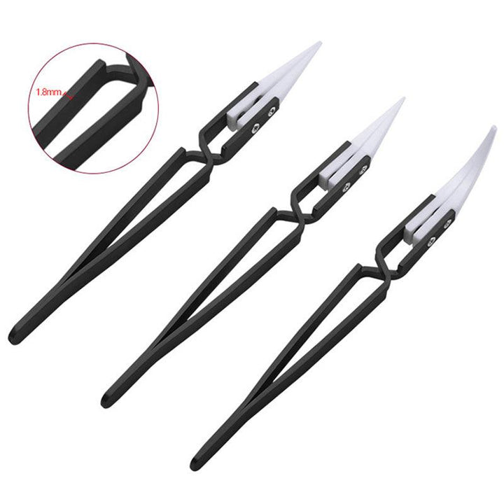 3PCS Anti-Static Reverse Ceramic Tweezers Stainless Steel Electronic CIigarette Heat Resistant Conductive Curved Straight Tweezers - MRSLM