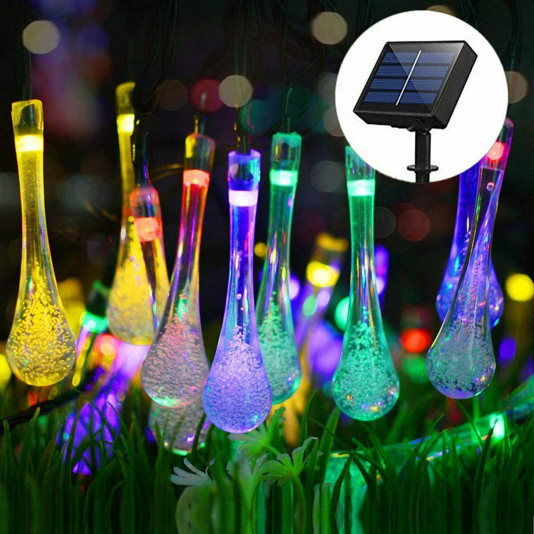 16.4FT 5M 20LED Solar Outdoor String Light Two Modes Water Drop Fairy Lamp Garden Christmas Decoration - MRSLM