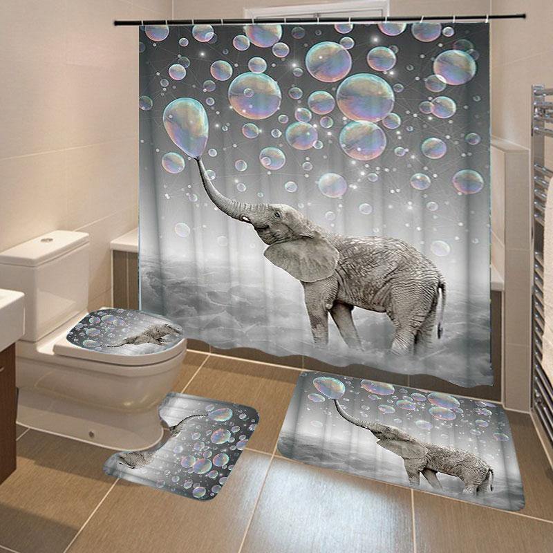 3D Printing Bubbles Elephant Waterproof Bathroom Shower Curtain Toilet Cover Mat Non-Slip Floor Mat Rug Set - MRSLM