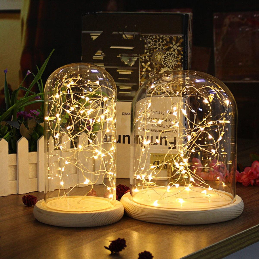 Clear Glass Display Dome Cloche Bell Jar Wooden Base DIY Decorations With 20 LED Fairy String Light (15*20cm) - MRSLM