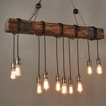 10 Lights E27 110V Wood Beam Industrial Pendant Light Hanging Ceiling Lamp Vintage Without Bulbs - MRSLM