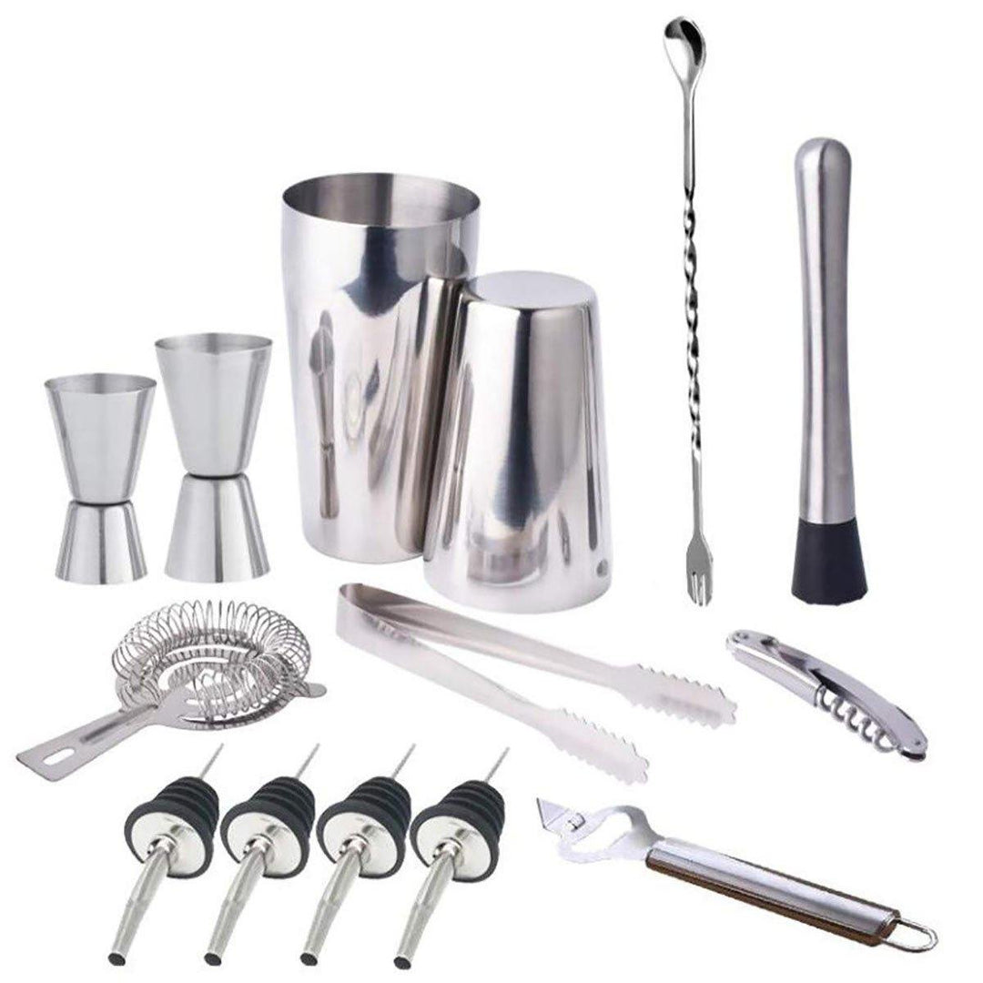 14Pcs Cocktail Maker Set Shaker Glass Twisted Bar Spoon Strainer Wood Muddler - MRSLM