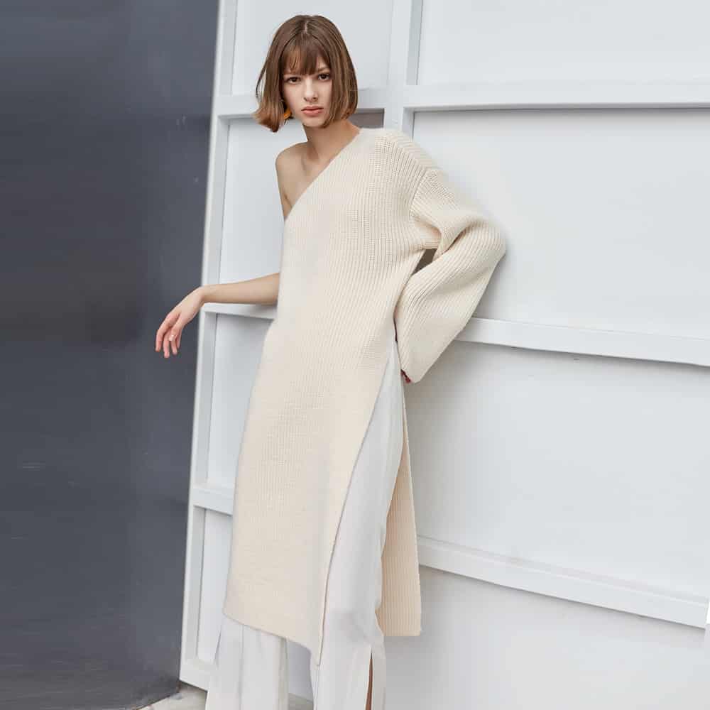 Long Sleeve Knitted One Shoulder Sweater Dress